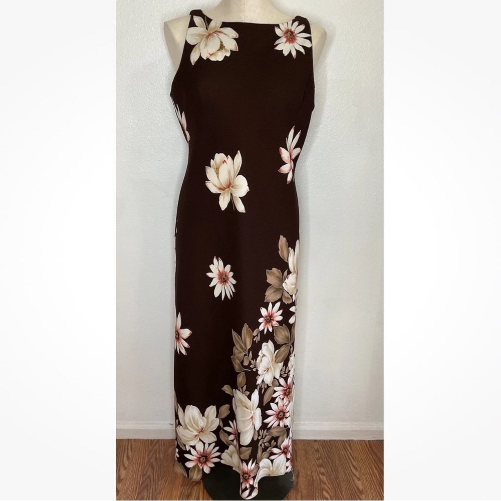 Dark Brown Floral Tropical Sleeveless Maxi Dress